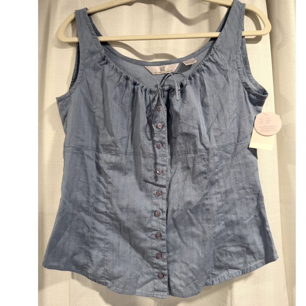 ALC Atlast Classics Blue Cotton Button Front Tie Neck Tank Top RA416 Womens S